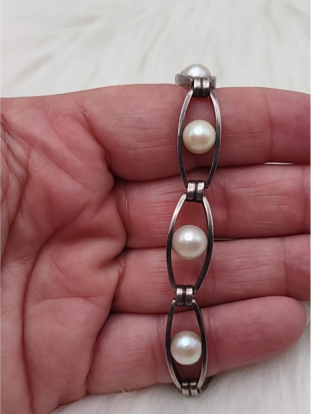 Vintage Sterling Silver Pearl Cage Link Bracelet 7"